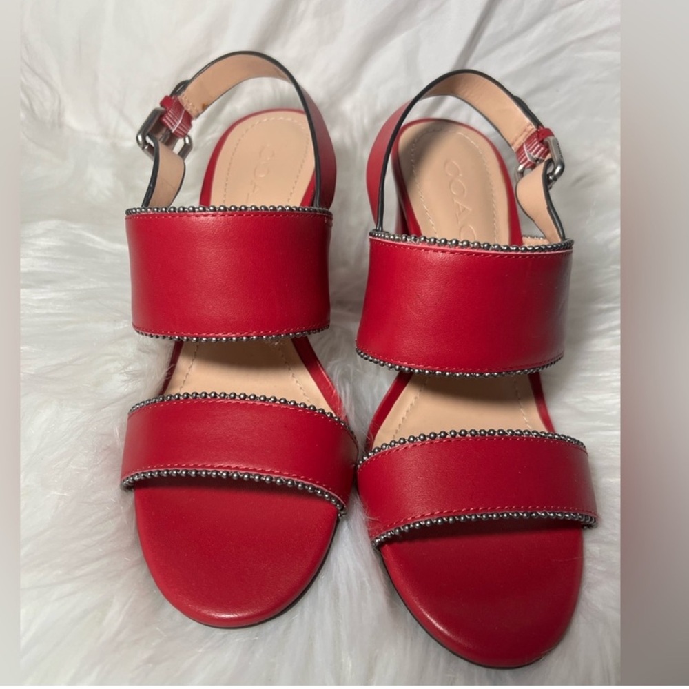 Coach Raspberry Pink Leather Studded Block Heel Slingback Sandals 5.5
